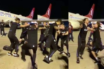 Havalimanında kolbastı oynayan Trabzonsporlu futbolcular renkli görüntüler oluşturdu
