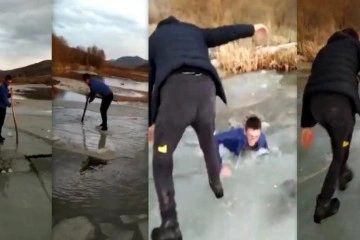 Nehirde buz kütlesini sal olarak kullanan gençlerden biri suya düşünce boğulma tehlikesi atlattı